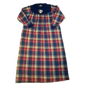 Womens Kittens Nightgown Vintage Plaid Flannel Blue Cat Heart Cottage Large